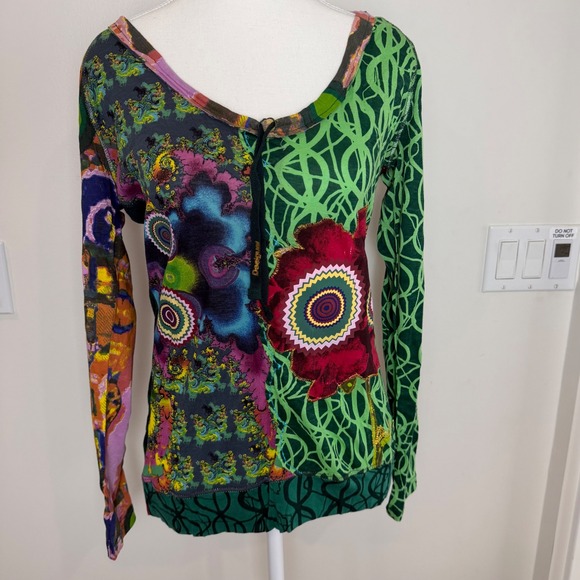 Desigual Tops - Desigual Patchwork Graphic Long Sleeve Top Green Multi Womens Medium Boho Shirt